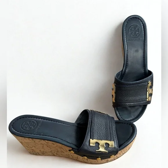 TORY BURCH Navy Leather Ines Cork Wedge Sandals - Gold Logo w/ shoe bag 9M - Picture 6 of 9